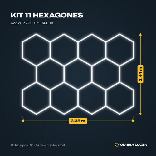 Kit LED 11 hexagones : 3,38 × 2,44 m, 322 W